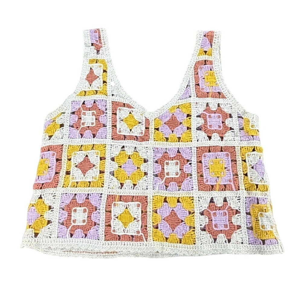 Granny Square Tank Top Womens Small Purple Gold Crochet Festival Cottage Boho
